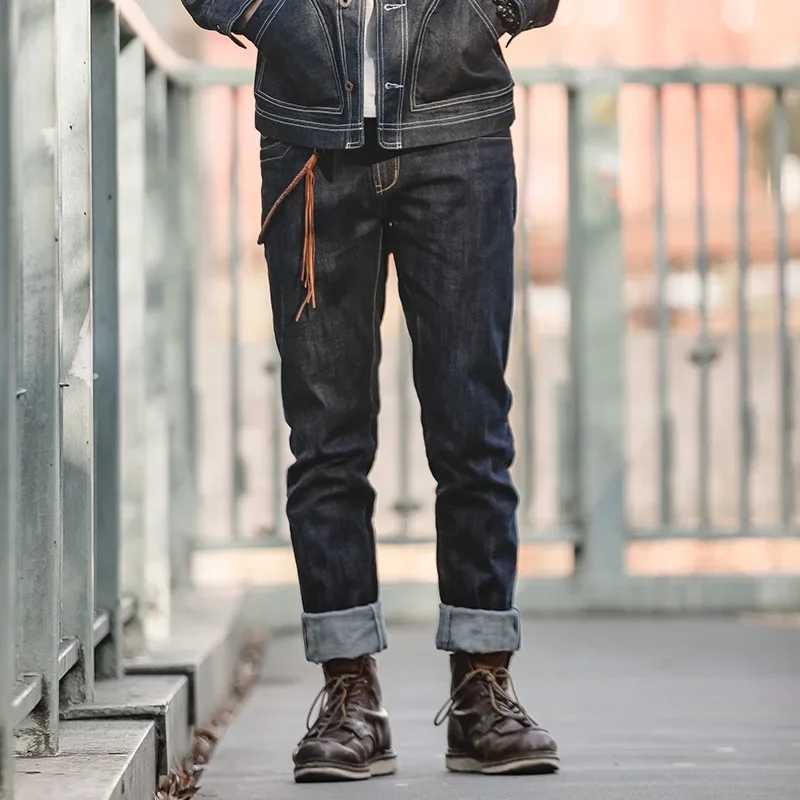 Maden mens classic 14OZ original denim jeans washed mid rise straight pants pocket graffiti and hair patch decoration Z250505