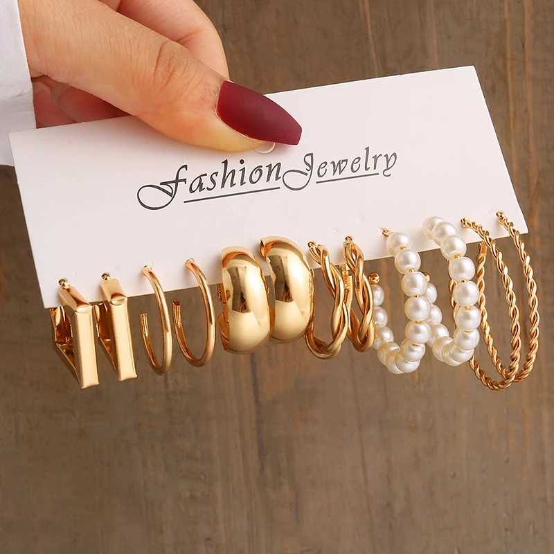 Gold Color Vintage Geometry Pearl Earrings Set Metal Twine Square Dangle Earrings Round for Women Simple Train Party Jewelry XJ250623