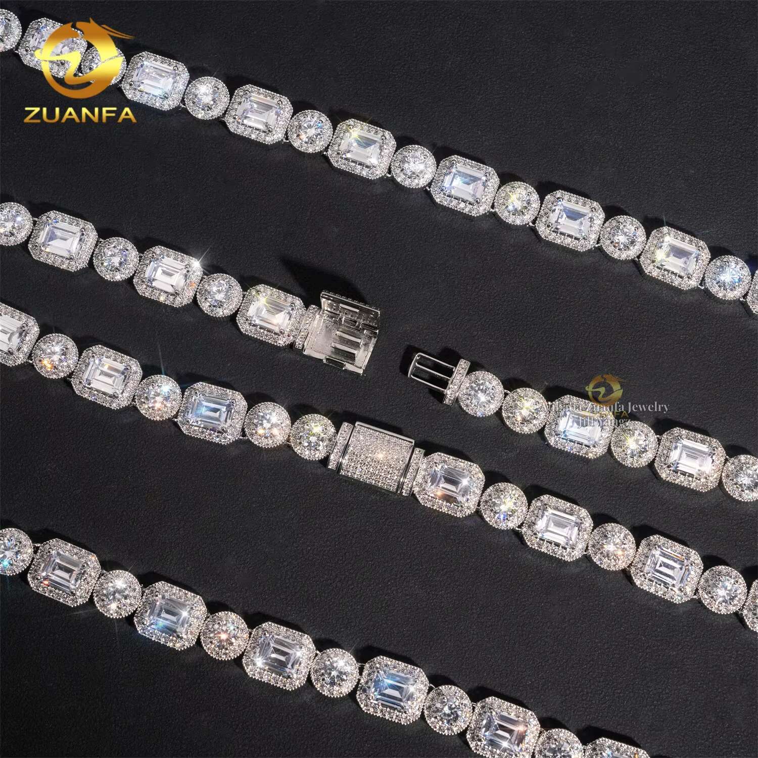 ZuanFa Jewelry Direct Sale Luxury 12mm Rock Sugar Chain Necklace Emerald Cut Diamond Cuban Links Moissanite Cuban Chain