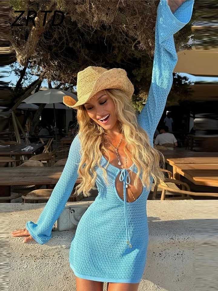 Beach Knitted Hollow Short Dress Womens Fashion Lace Top Dress Womens Dress 2025 Spring/Summer Womens Vacation Pure Cotton DressXJ250504