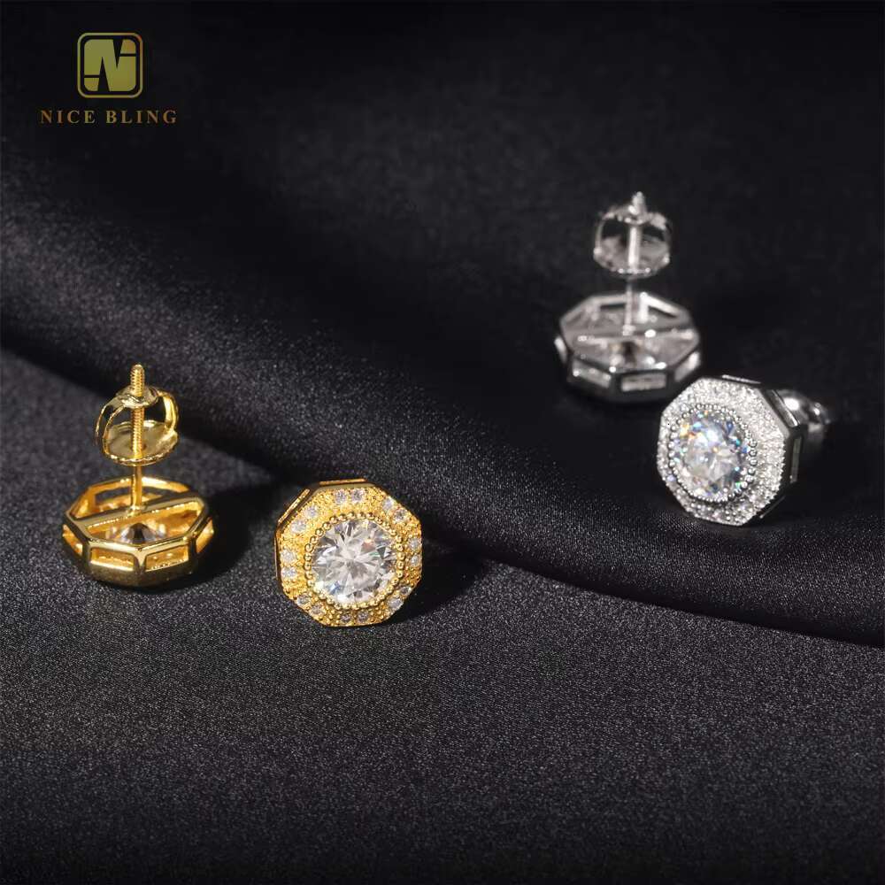 Full Iced Out Ear Studs Hip Hop Jewelry Women Gold Plated 925 Sterling Silver VVS Moissanite Diamond Stud Earring for Women