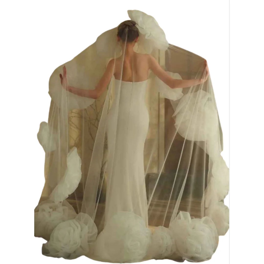 Elegant Wedding Veils Chapel Veils Headdress Women White Ivory Shine 3D-Flower Bridal Veil Tulle One-Layer Wedding Accessories Size Customized V3081
