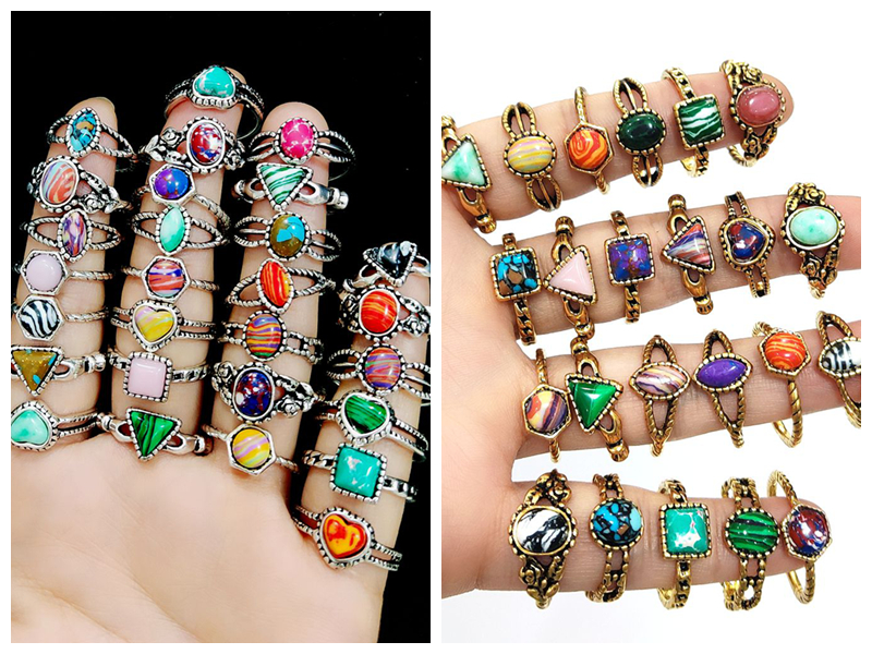 30pcs/lot Creative Shapes Mix Turquoise Stone Rings for Women Antique Ethnic Silver Gold Color Vintage Ring Retro Jewelry
