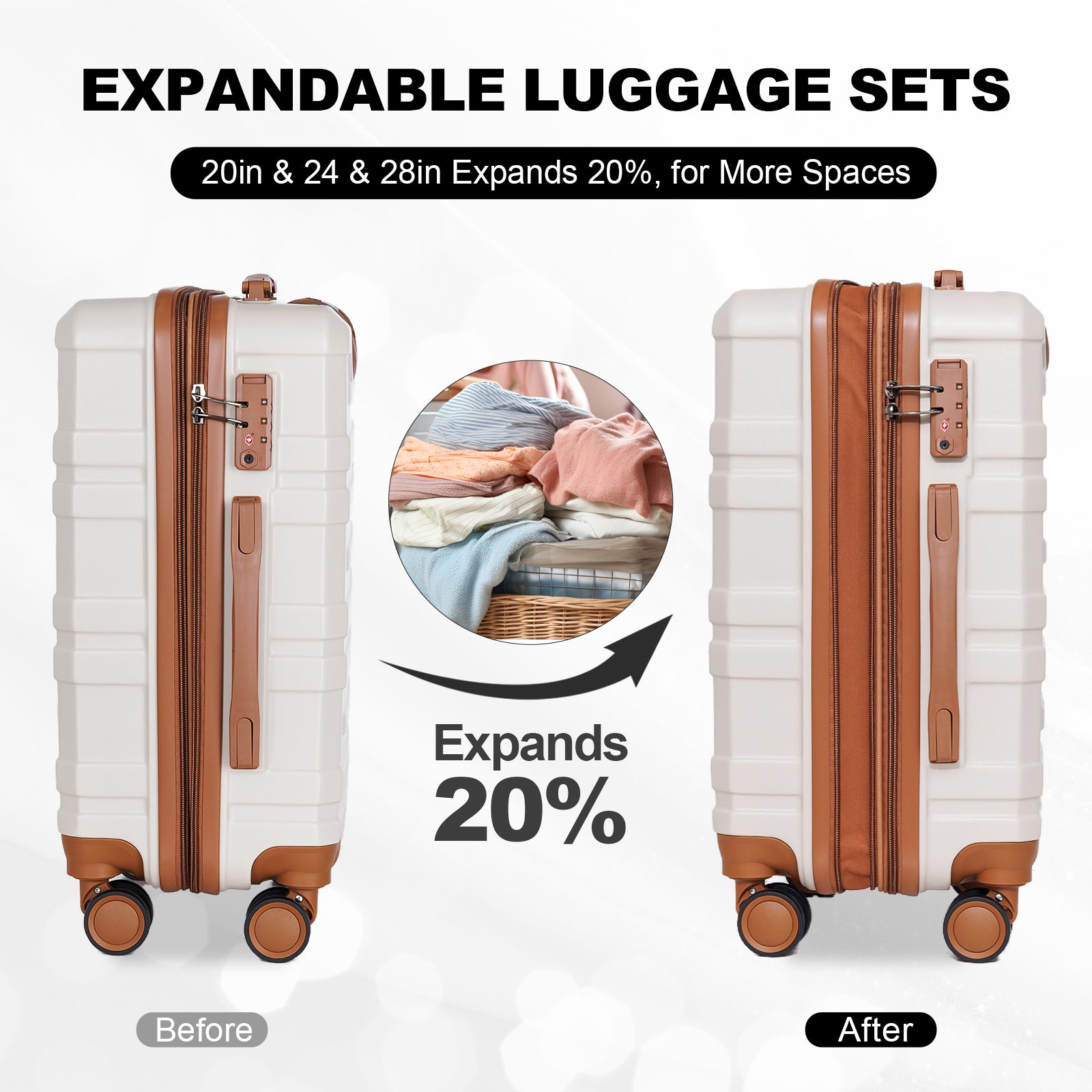 3piece set 202428 inches lightweight durable and expandable carryon suitcase tsa lock essential for family and personal travel white