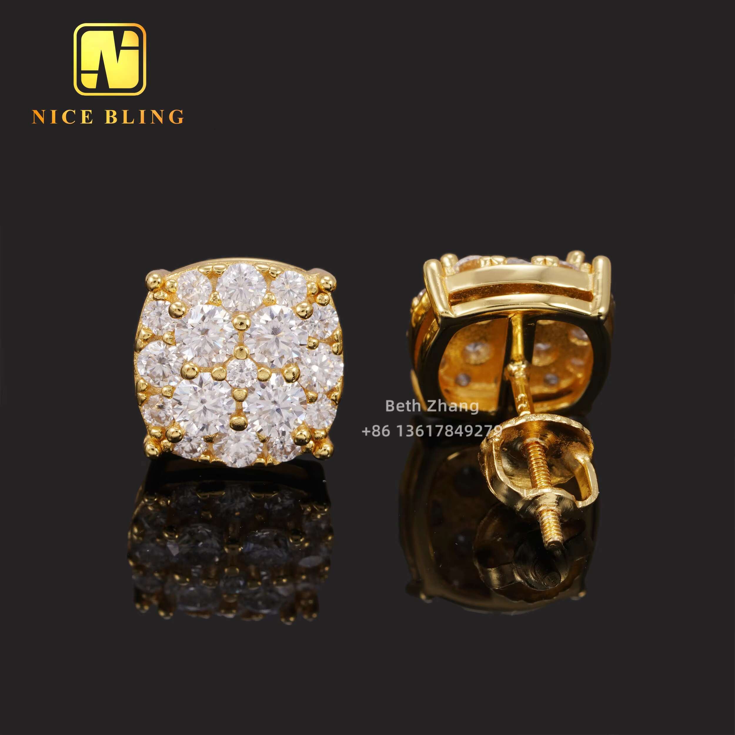 18K Gold Plated Hip Hop Jewelry Earrings Screw Back Sterling Silver Moissanite Diamond Ear Studs for Men Women