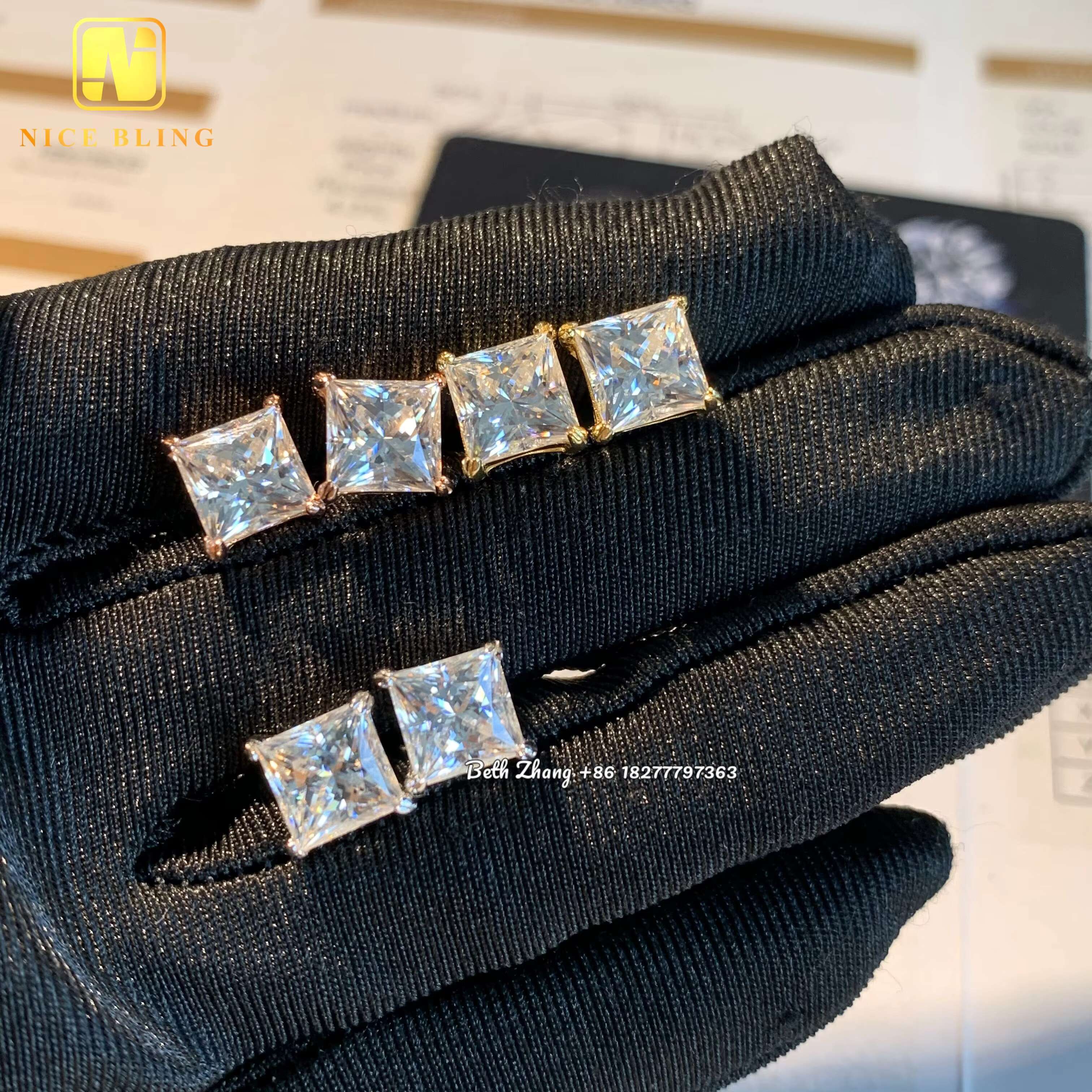 Wholesale Price Hip Hop Moissanite Diamond Earrings Princess Cut Lab Diamond Studs Men Women Sterling Silver Solitaire Earrings