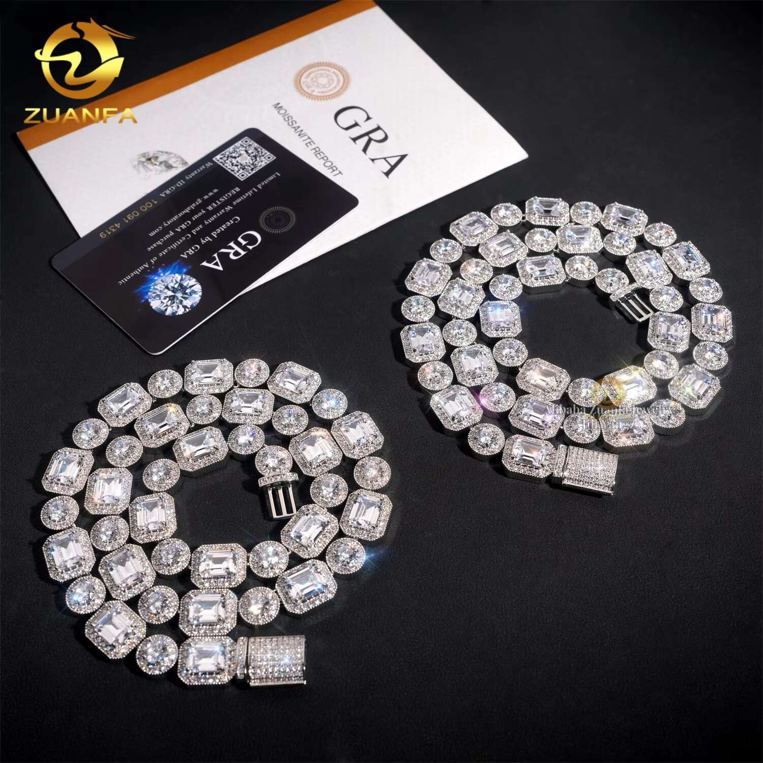 ZuanFa Jewelry Direct Sale Luxury 12mm Rock Sugar Chain Necklace Emerald Cut Diamond Cuban Links Moissanite Cuban Chain