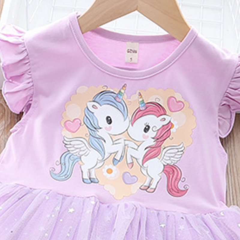 DISNEY Frozen kids designer clothes Short-sleeved summer children's cartoon princess dress with unicorn mesh dress