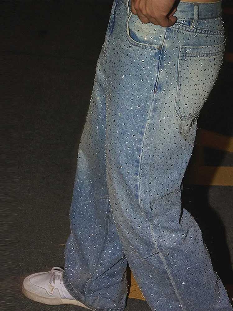 mens waisted sparkling rhinestone denim jeans fashionable straight leg pants Z250505