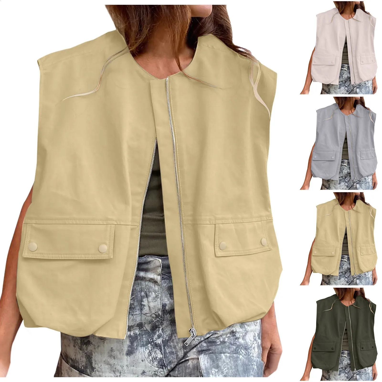 Womens cutting vest fashion Oneck zipper womens sleeveless loose Coats chic top summer street clothing 250430Z