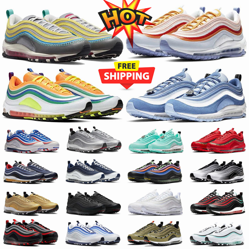 Free shipping 97 Designer 97s Running Shoes Black White Cream Olive Volt Reflective Bred Sail Aurora Green Gym Red Men Women trainers Outdoor Sport Sneakers