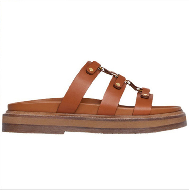 Top quality platform sandals buckle ankle-strap sandal cowhide leather flats shoes cross straps luxury designer slides