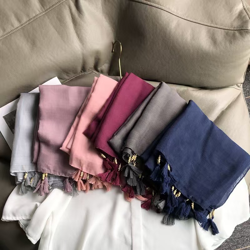 T631 cotton and linen scarf female summer sun protection shawl outer wear thin solid color wooden beads oversized scarf air-conditioned room neck prot