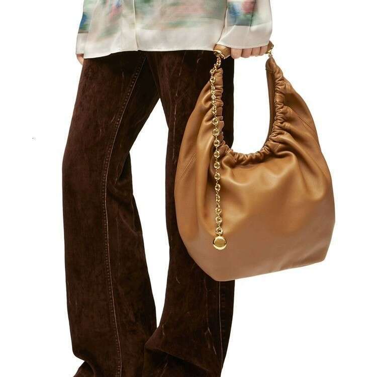 Celebrity style Squeeze garbage bucket pleated soft cowhide armpit tote chain leather bag, trendy