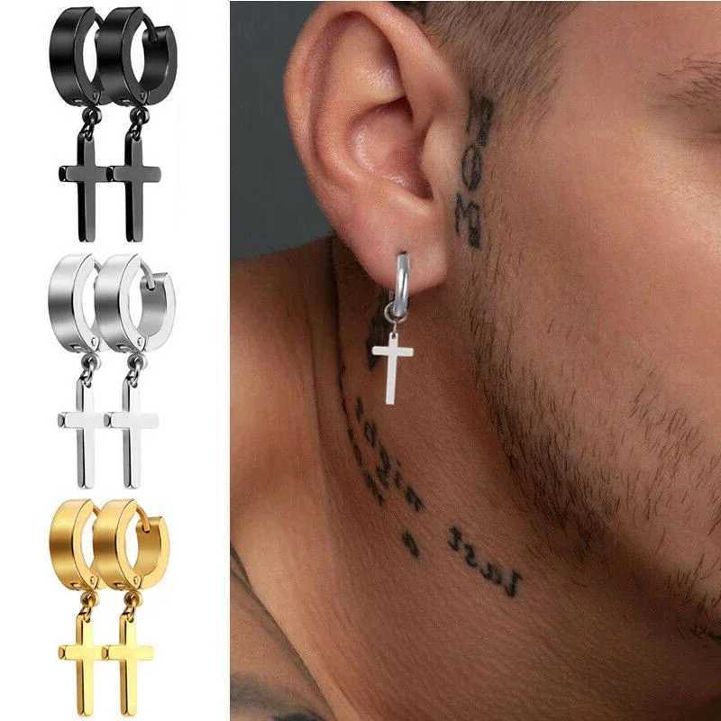 2 pieces of stainless steel mens cross star punk pendant earrings Gothic womens cross earrings pendant perforated jewelryXJ250505