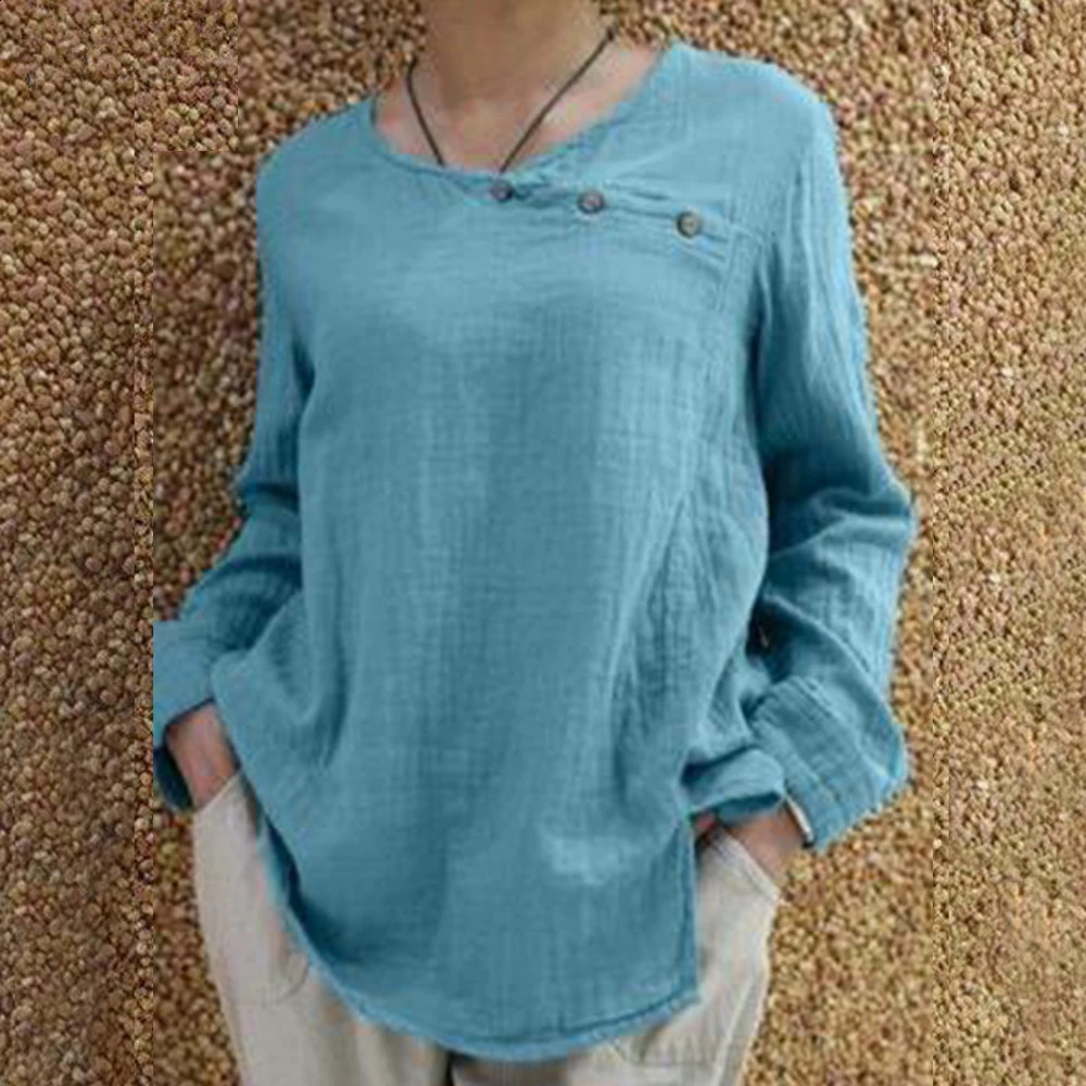 Womens pure cotton linen long sleeved shirt top womens casual loose Tshirt plus size solid clothing 2024 250430Z