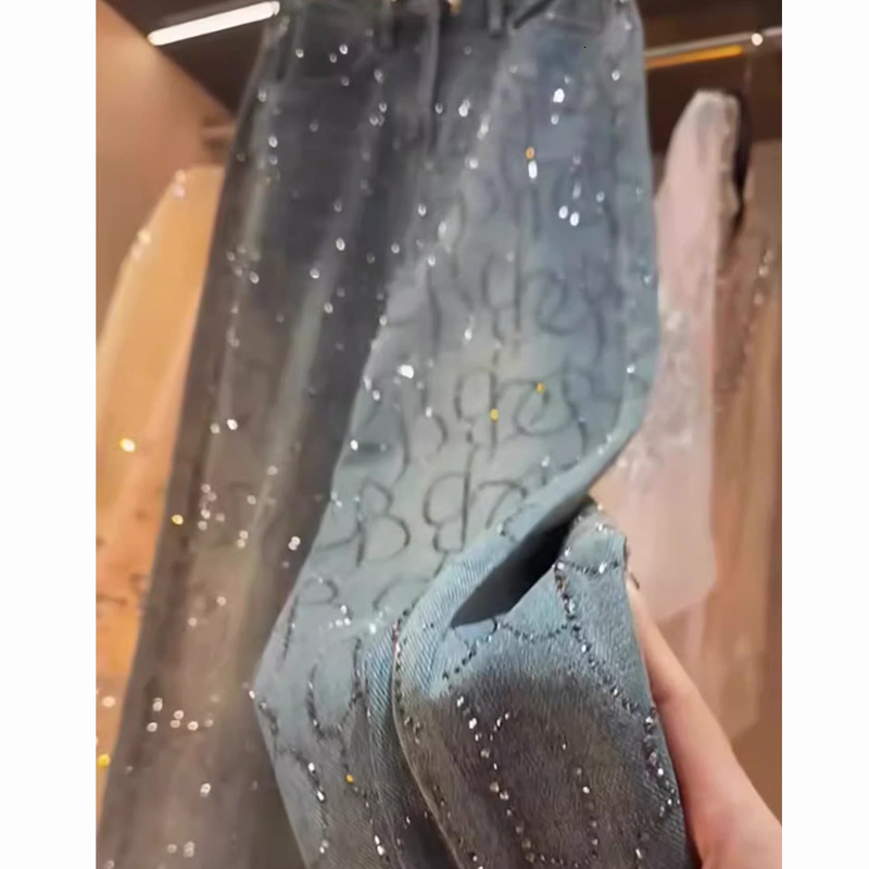 2025S designer pants hot pressed denim jeans for women spring 2025 new design high waist heavy industry bright diamond loose straight wide leg floor p