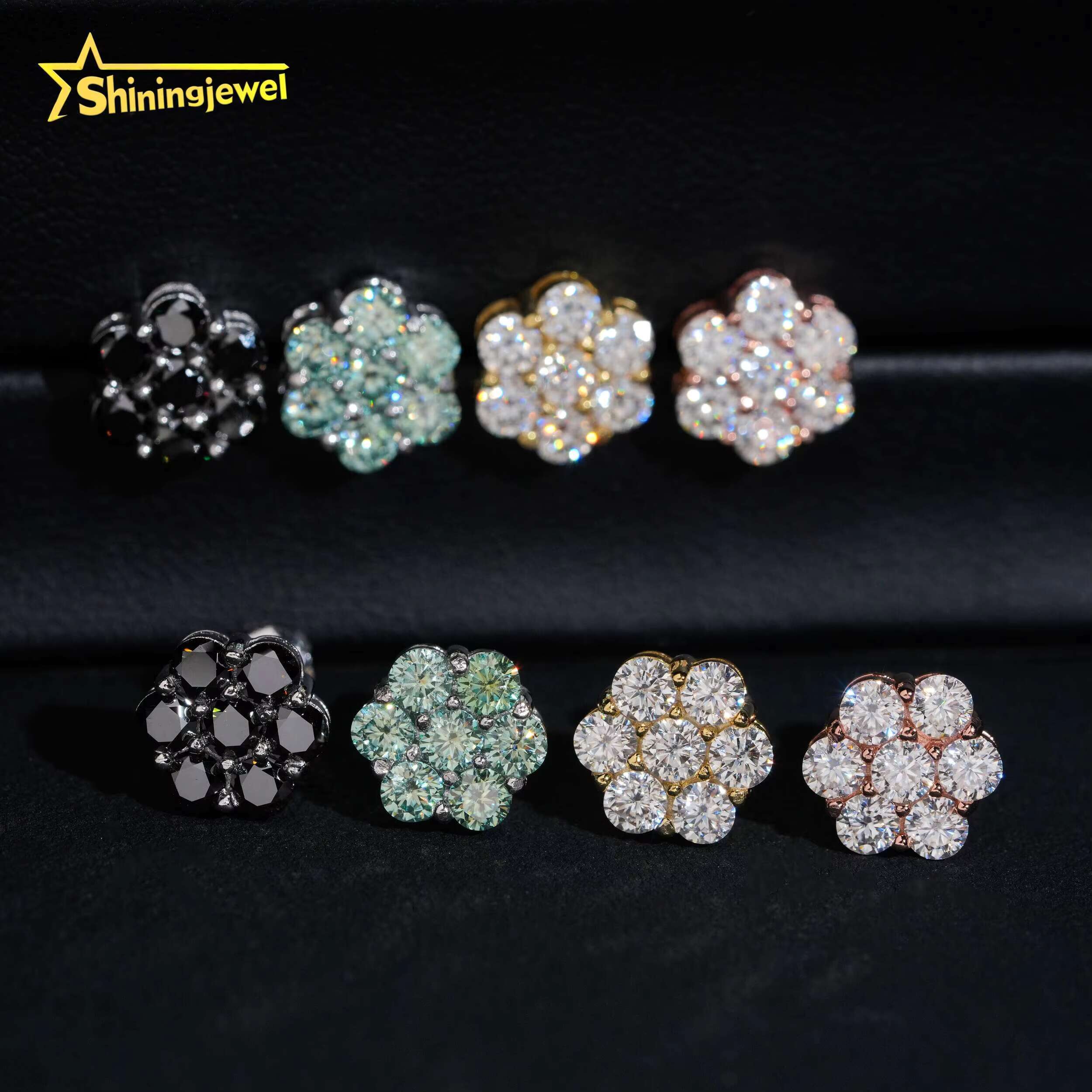 Hot Sale 9mm Blue Green Black Moissanite Flower Stud Earrings Hip Hop 925 Silver Gold Plated Cluster Pass Diamond Tester