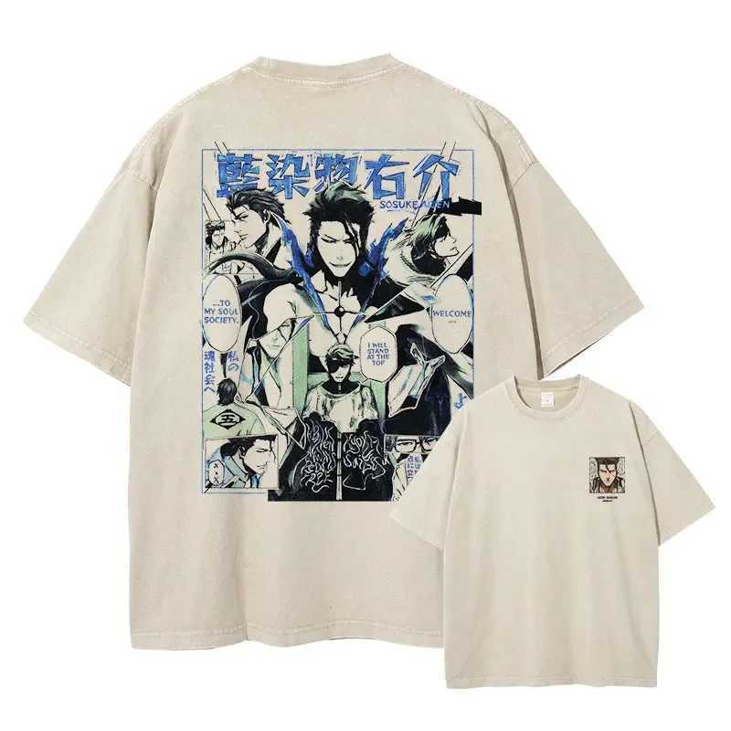 Grimmjow Aizen Ichigo T-shirt Anime Retro Washed T-shirt Street Clothing Rukia Kenpachi Manga Ultra Thin Short Sleeve Top T-shirt W250505