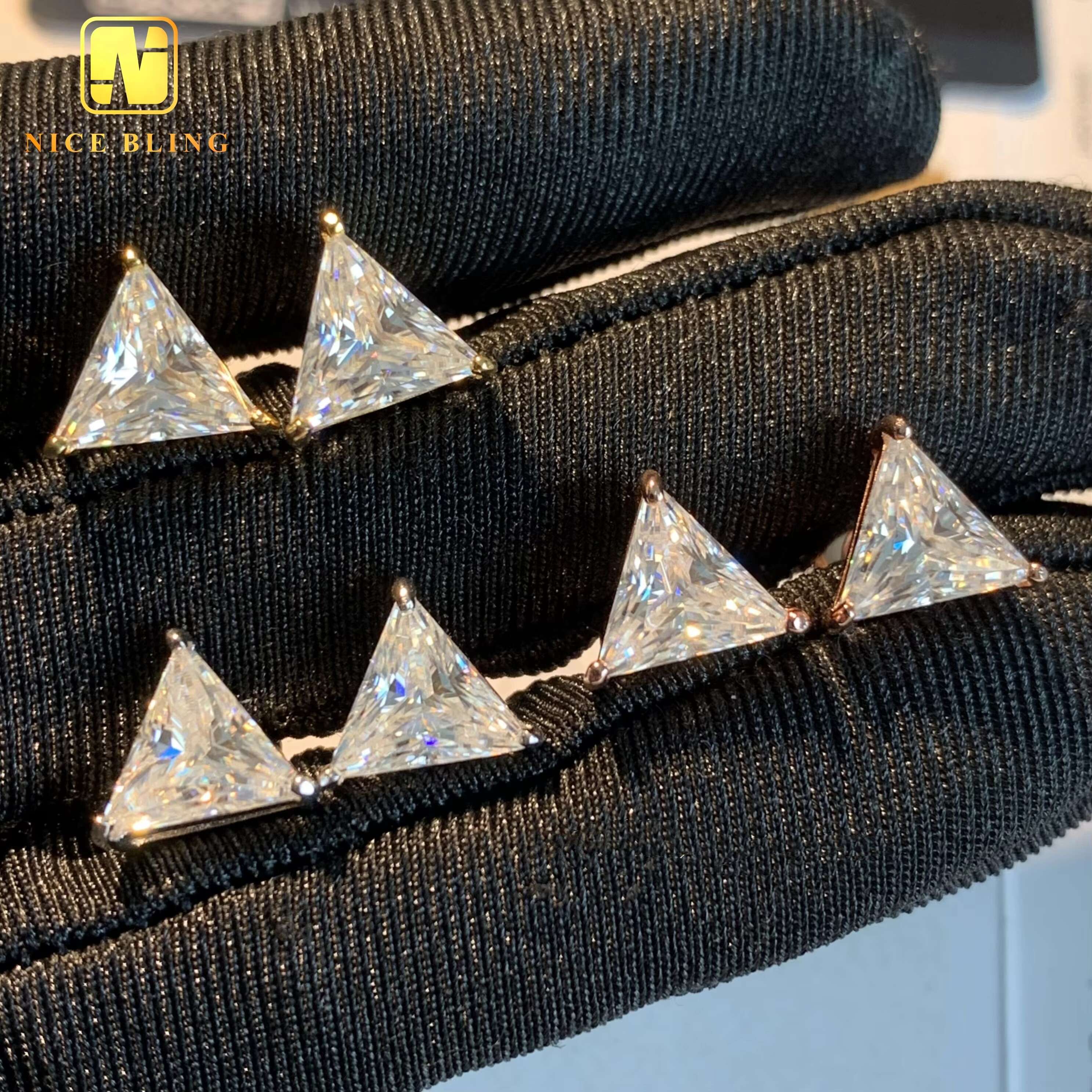 Chic Unisex Moissanite Hoop Studs | Rhodium-Coated Triangle Design with Sparkling Jewels