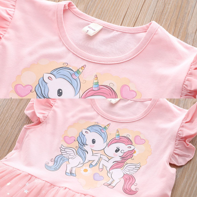 DISNEY Frozen kids designer clothes Short-sleeved summer children's cartoon princess dress with unicorn mesh dress