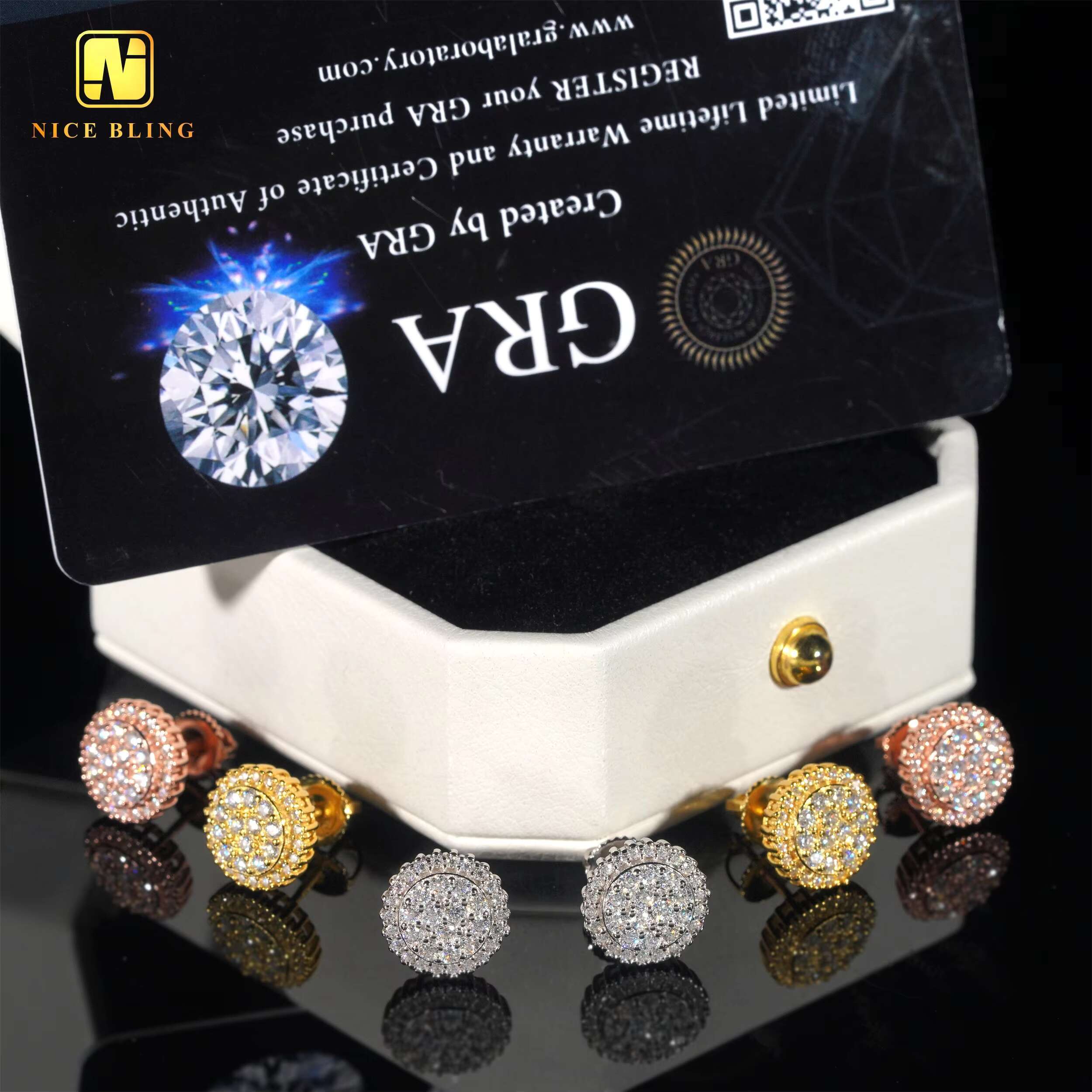 Fine Jewelry Earrings Pass Diamond Tester Moissanite Ear Studs 925 Silver Rose/Gold Plated Hip Hop Cluster Diamond Studs