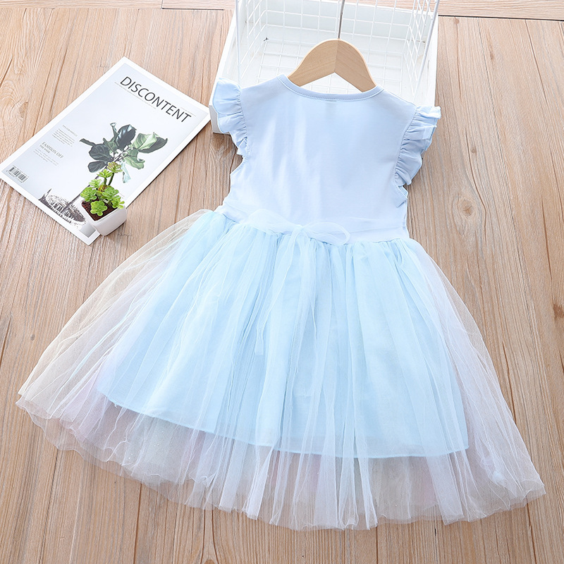 DISNEY Frozen kids designer clothes Short-sleeved summer children's cartoon princess dress with unicorn mesh dress