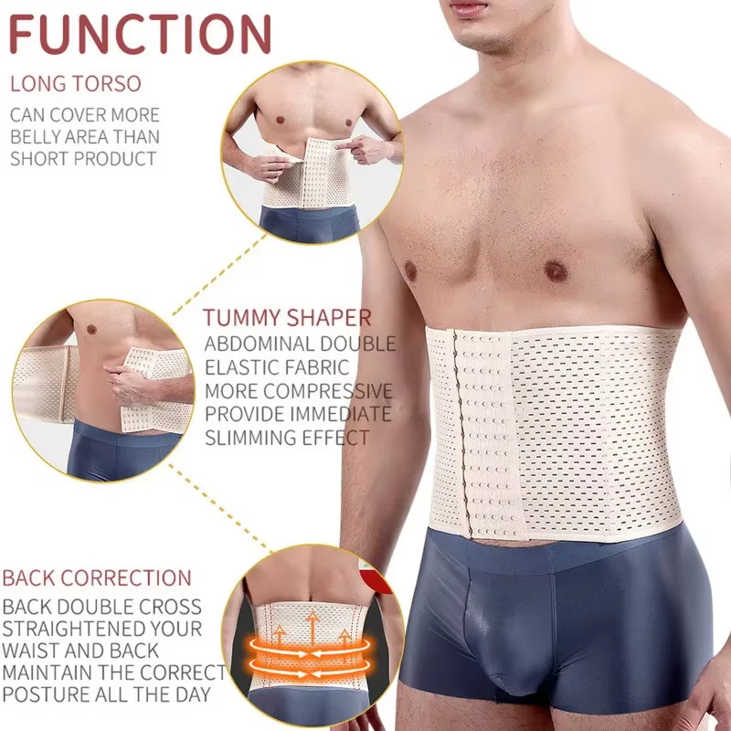 Men Slimming Shaper Body Belt Weight Loss Tummy Control Strap Hooks Waist Trainer Workout Fitness Compression Corset Waist Trainer Abdomen Reducer Bod