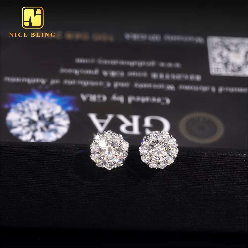 New Arrival Hip Hop Design VVS Diamond 925 Sterling Silver Cluster Moissanite Stud Earrings