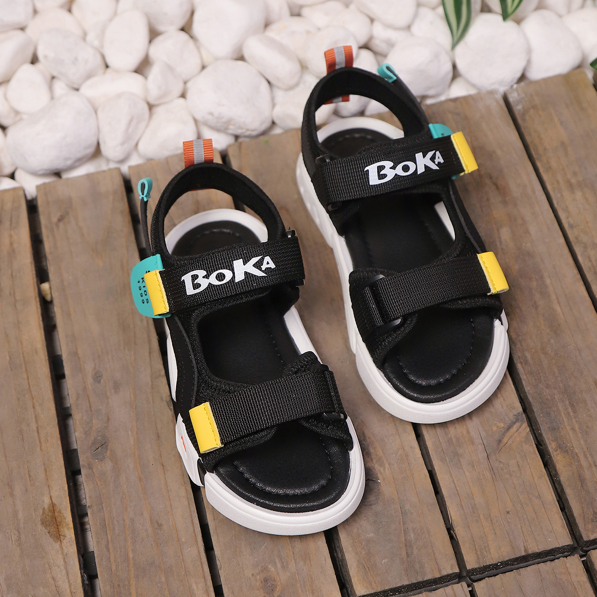 Black One-Piece Adjustable Velcro Print Design Boys Casual Sports Sandals z250513