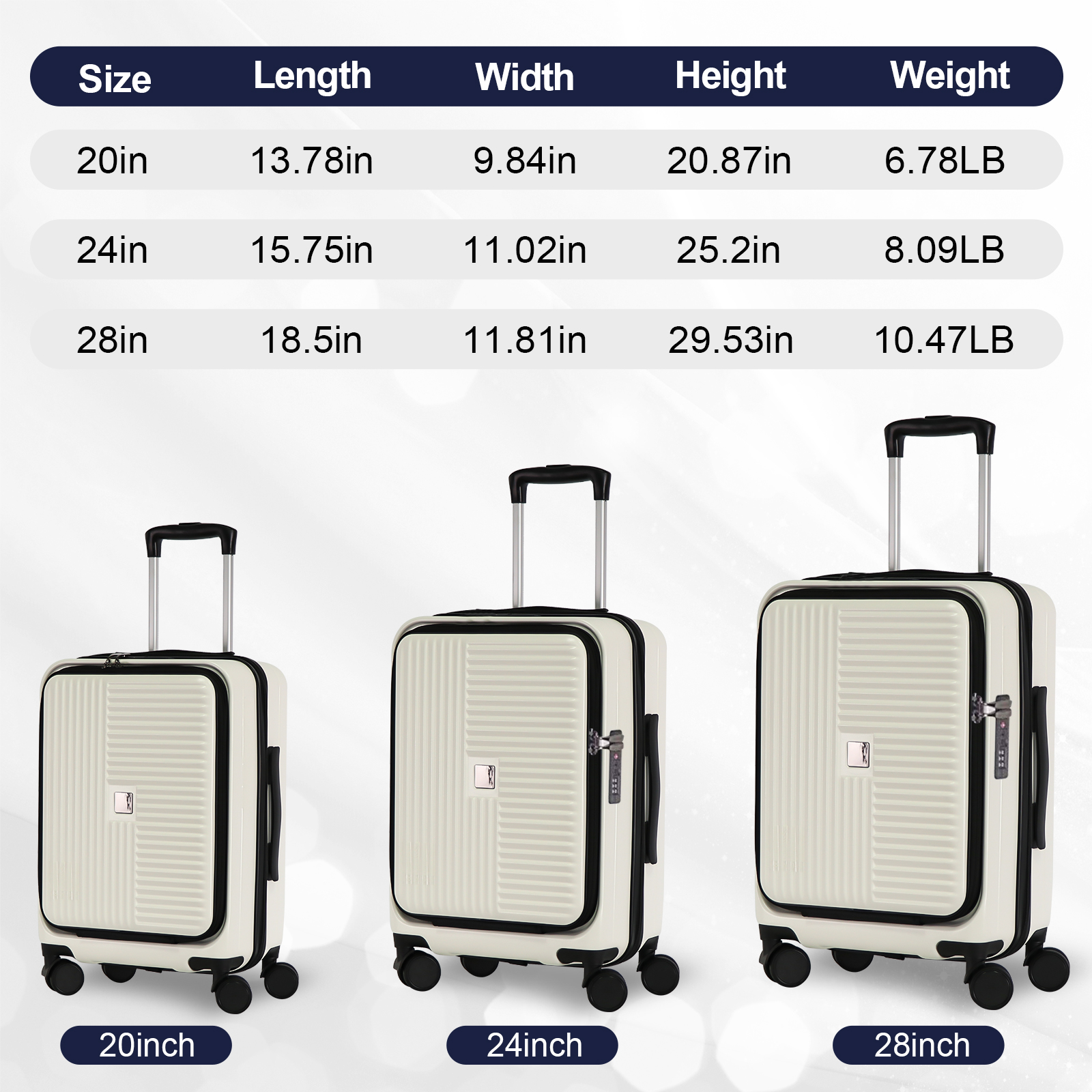 frontopening suitcase set of 3 pieces 20 24 28 inches convenient for taking out computer ipad abspp flexible wearresistant and lightweight suitcase ts