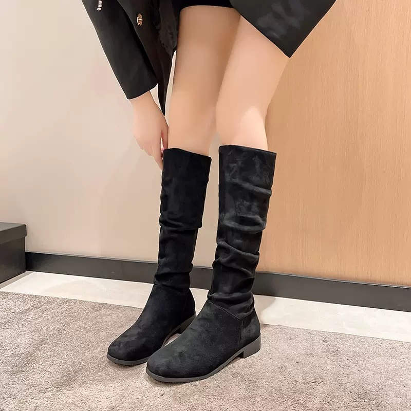 Fashion Autumn And Winter Round Head Long Leather shoes Metal Knight Fold Flat Boots Punk Style 35-40