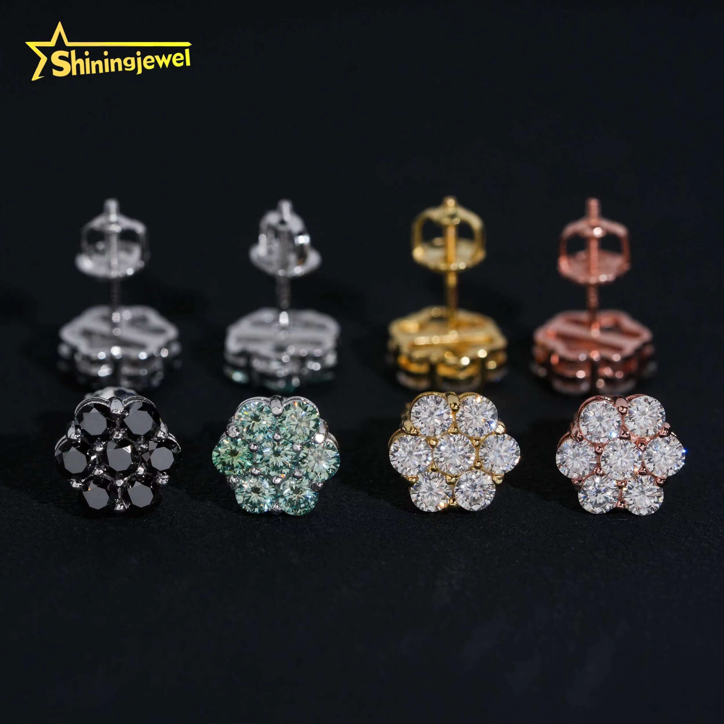 Hot Sale 9mm Blue Green Black Moissanite Flower Stud Earrings Hip Hop 925 Silver Gold Plated Cluster Pass Diamond Tester