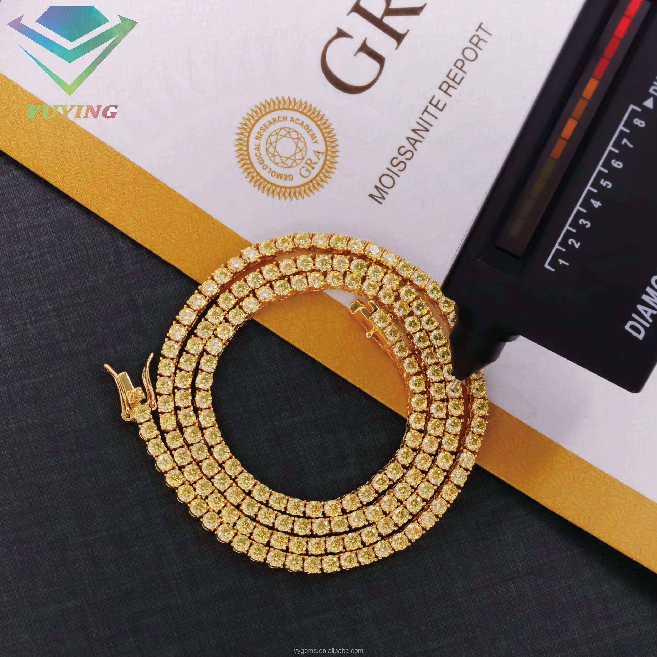 Wholesale Price 2mm-6.5mm Pass Diamond Tester Yellow Moissanite Diamond S925 Silver Gold Plated Tennis Chain Necklace