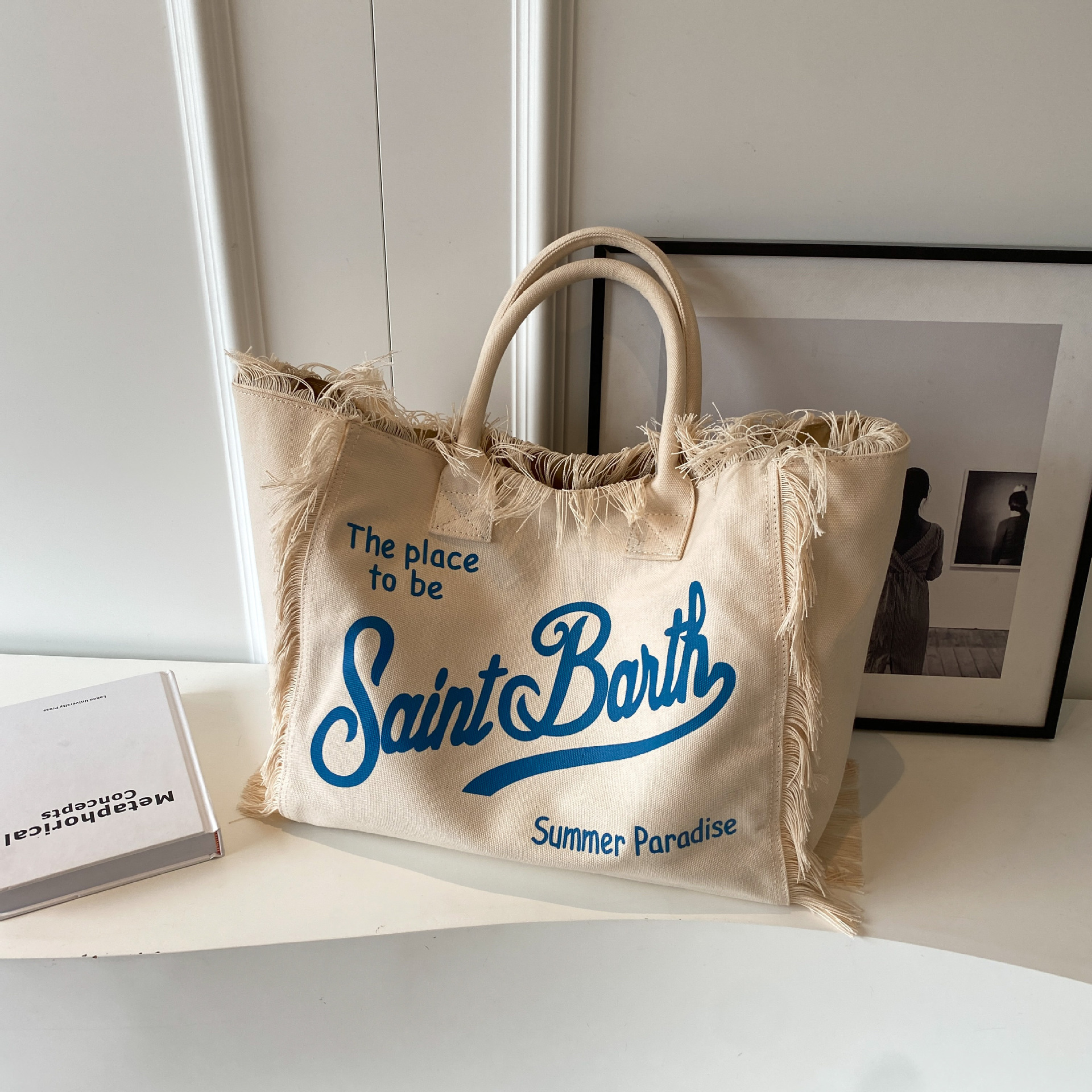Hot-selling new bags, beach large-capacity single-shoulder commuter bags, handcrafted fringed denim printed tote bags