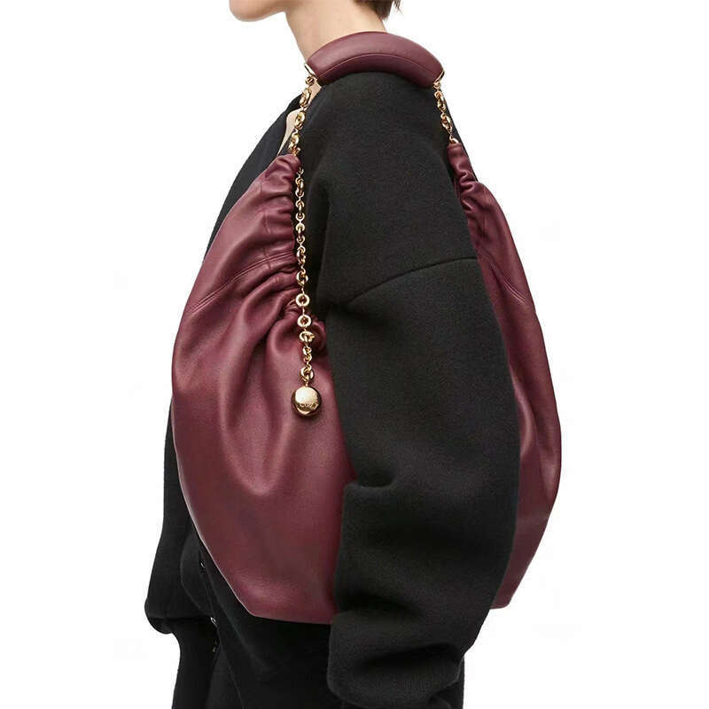 Celebrity style Squeeze garbage bucket pleated soft cowhide armpit tote chain leather bag, trendy