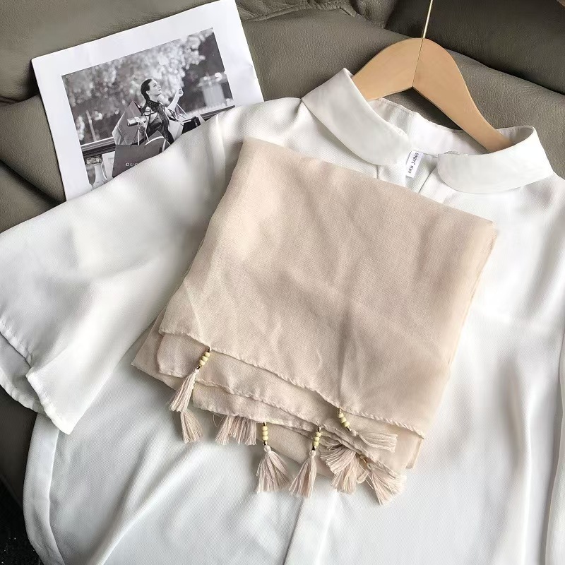 T631 cotton and linen scarf female summer sun protection shawl outer wear thin solid color wooden beads oversized scarf air-conditioned room neck prot