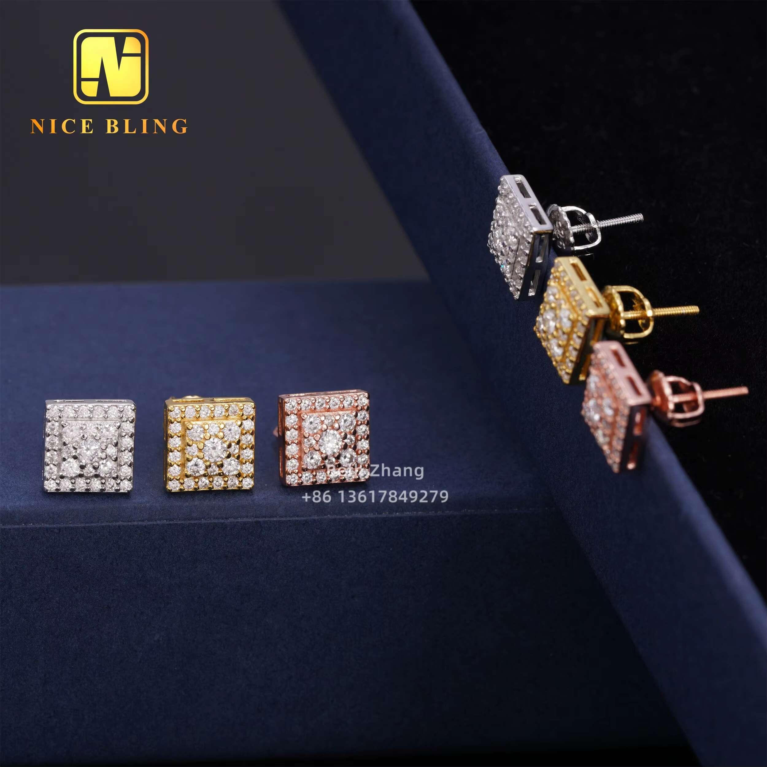 Fashion Hip Hop Jewelry 8MM Square Shape Earrings 925 Silver Moissanite Diamond Ear Studs for Men Women