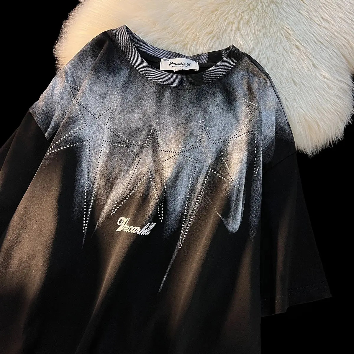 American retro star print gradient color womens Tshirt Plus size street trend cool top 2024 summer Y2k 250430Z