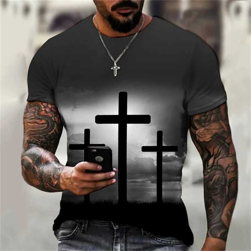 Christian mens T-shirt oversized T-shirt Gothic Jesus Christ Cross 3D printed O-neck top retro personalized unisex T-shirt W250505