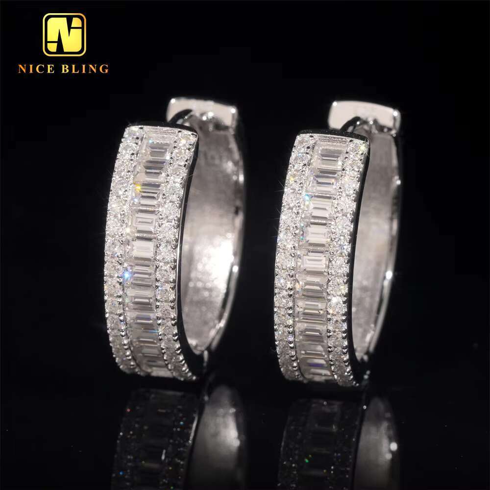 New Trend GRA Certificate New Style Iced Out Baguette Diamond 925 Sterling Silver Hip Hop Moissanite Hoop Earrings