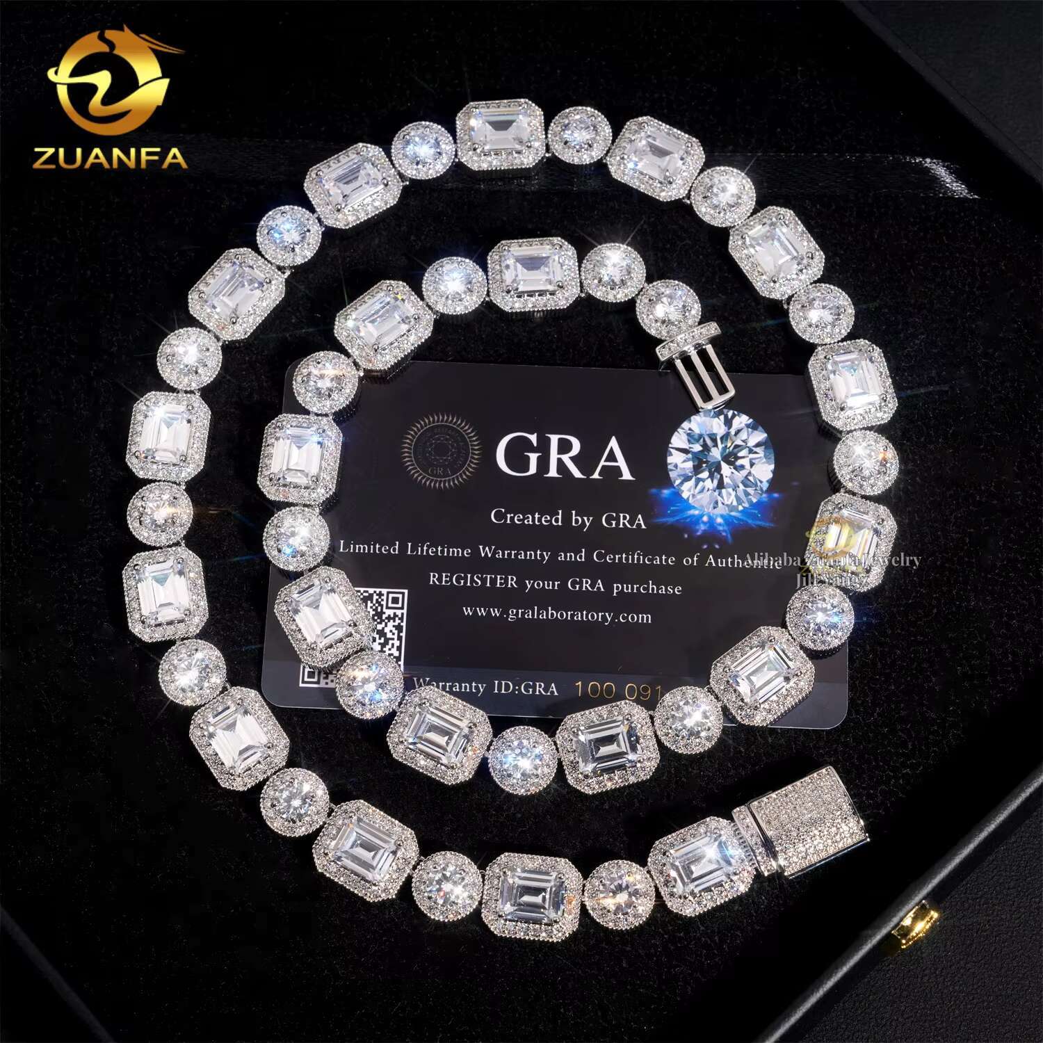 ZuanFa Jewelry Direct Sale Luxury 12mm Rock Sugar Chain Necklace Emerald Cut Diamond Cuban Links Moissanite Cuban Chain