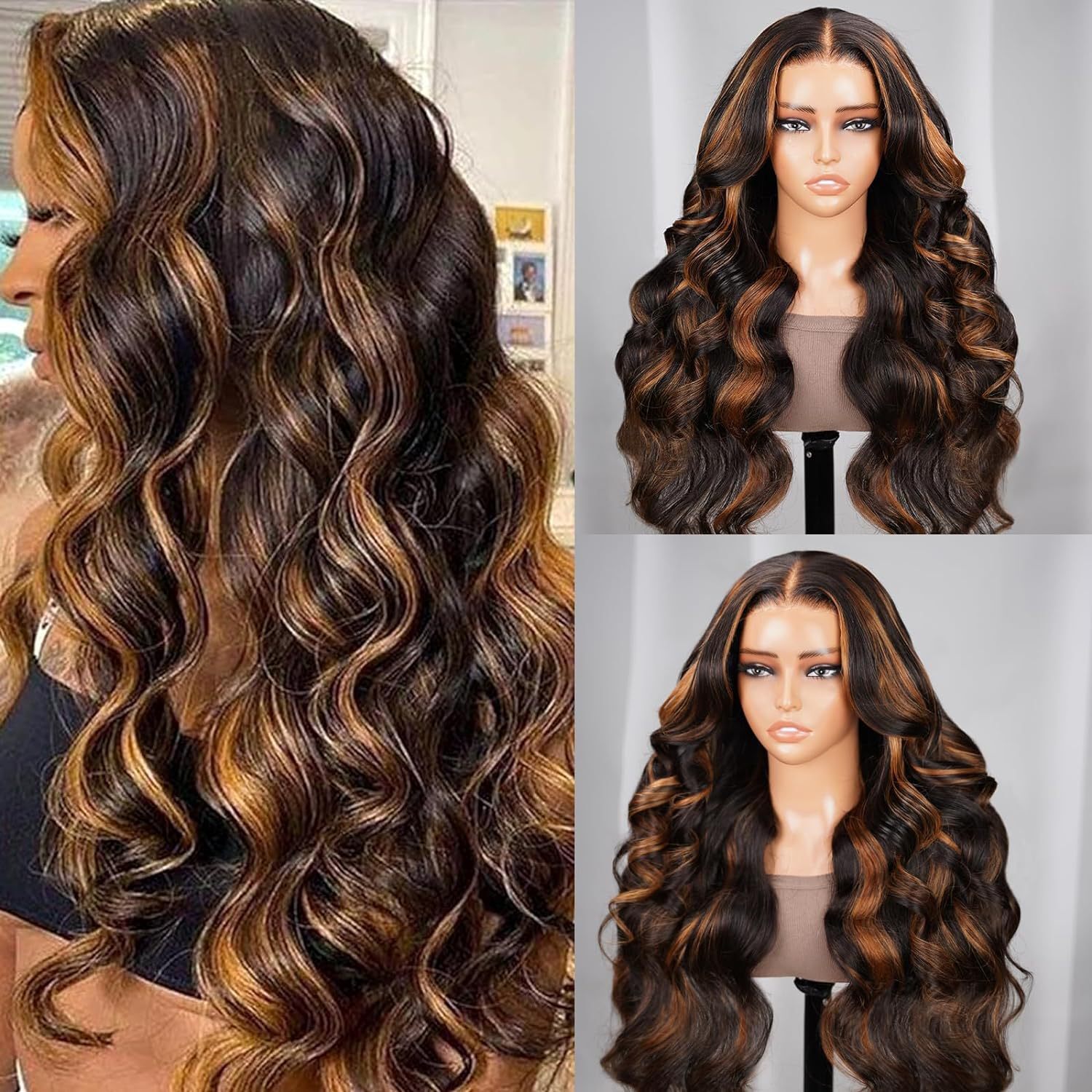 ladies Wig front lace wig brown mixed color medium split long curly hair big wavy wig