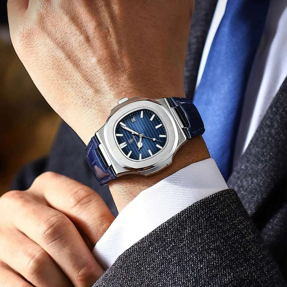 Top Square Man Watch Date Waterproof Luminous Men Wristwatch High Quality Leather Men's Quartz Watches+Box Reloj