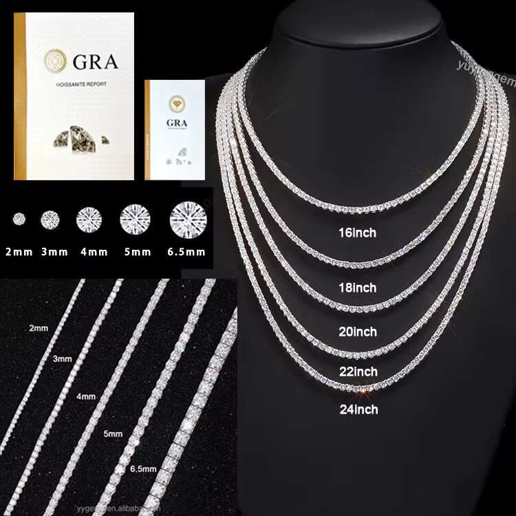 RTS Jewelry S925 Sliver 2mm 3mm 4mm 5mm 6.5mm Passed test Iced Out Moissanite GRA Certificate Tennis Chain Necklace