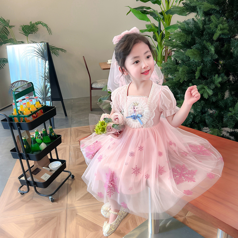 DISNEY Frozen Elsa Princess Baby Short Skirt Baby Chiffon Short Sleeve Dress Children's Party Dress Princess Dress