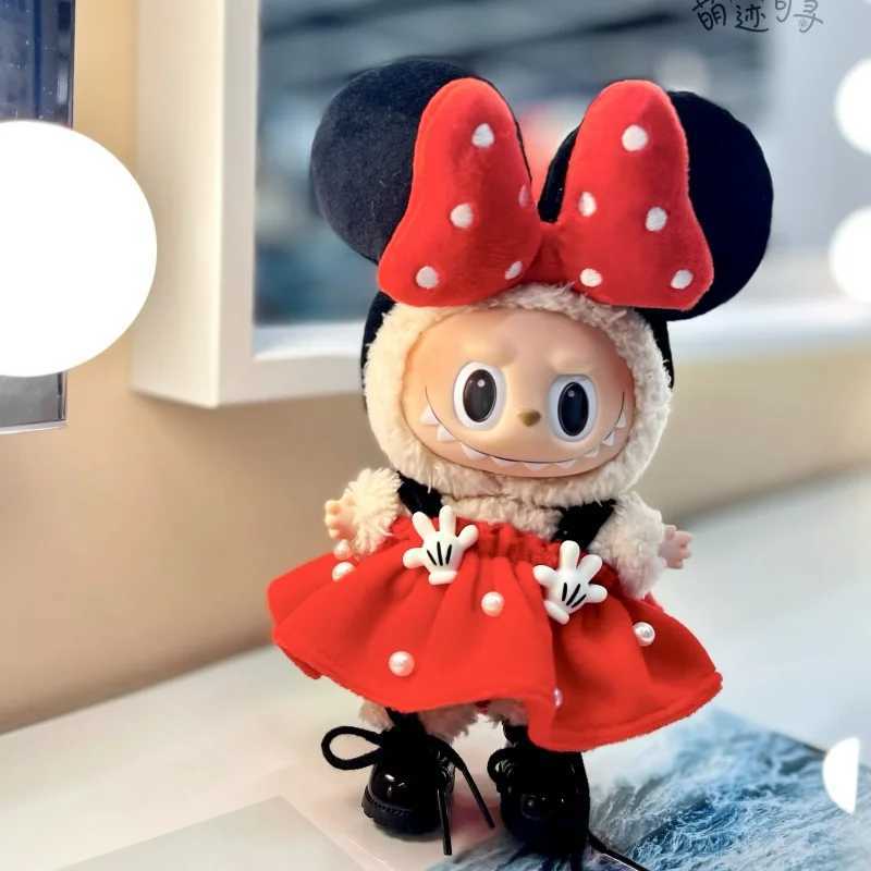 17cm Original Labubu V1 V2 Vinyl Doll Handmade Clothing Polka Dot Dress Set Bow Head Wearing Curve Gift Free shipping