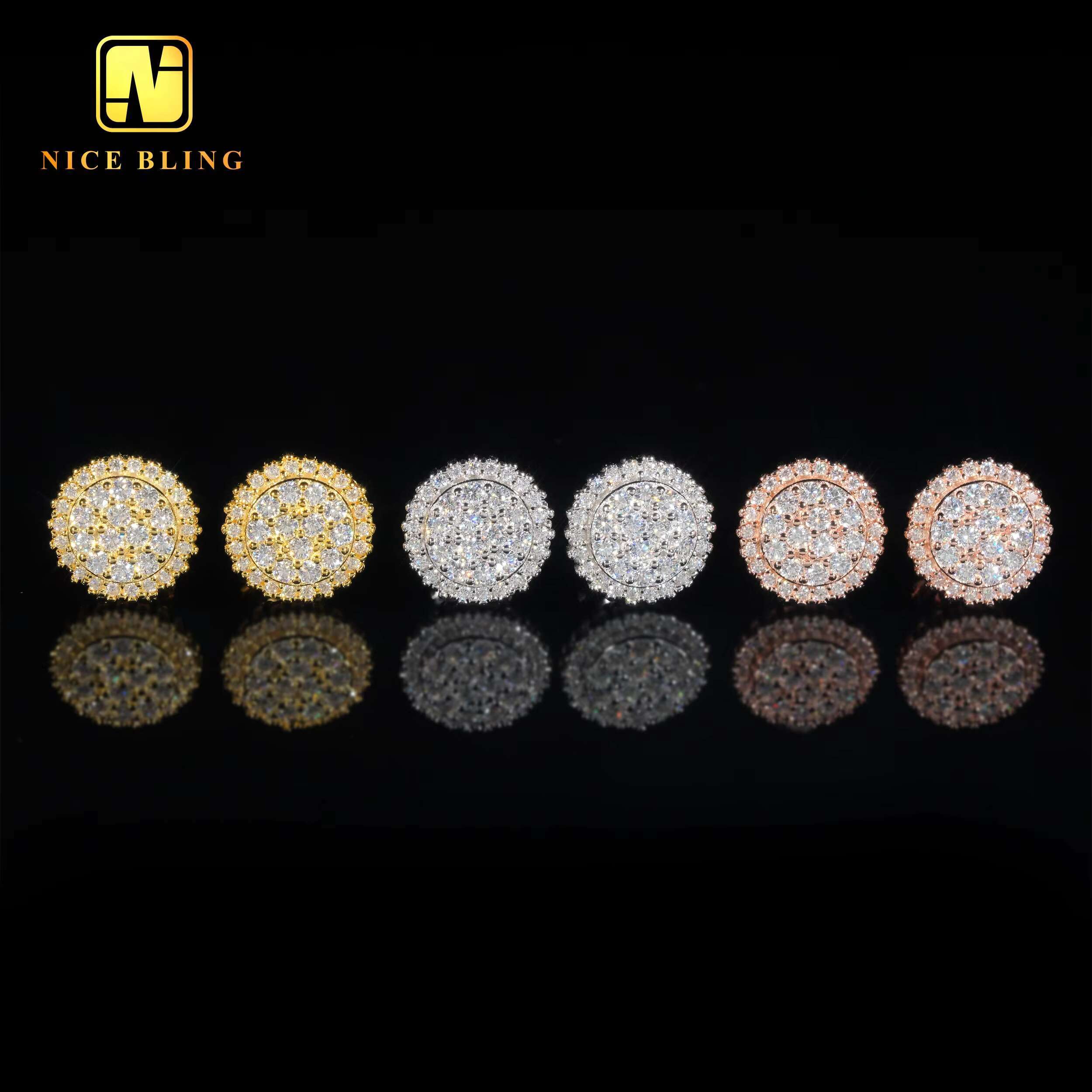 Fine Jewelry Earrings Pass Diamond Tester Moissanite Ear Studs 925 Silver Rose/Gold Plated Hip Hop Cluster Diamond Studs
