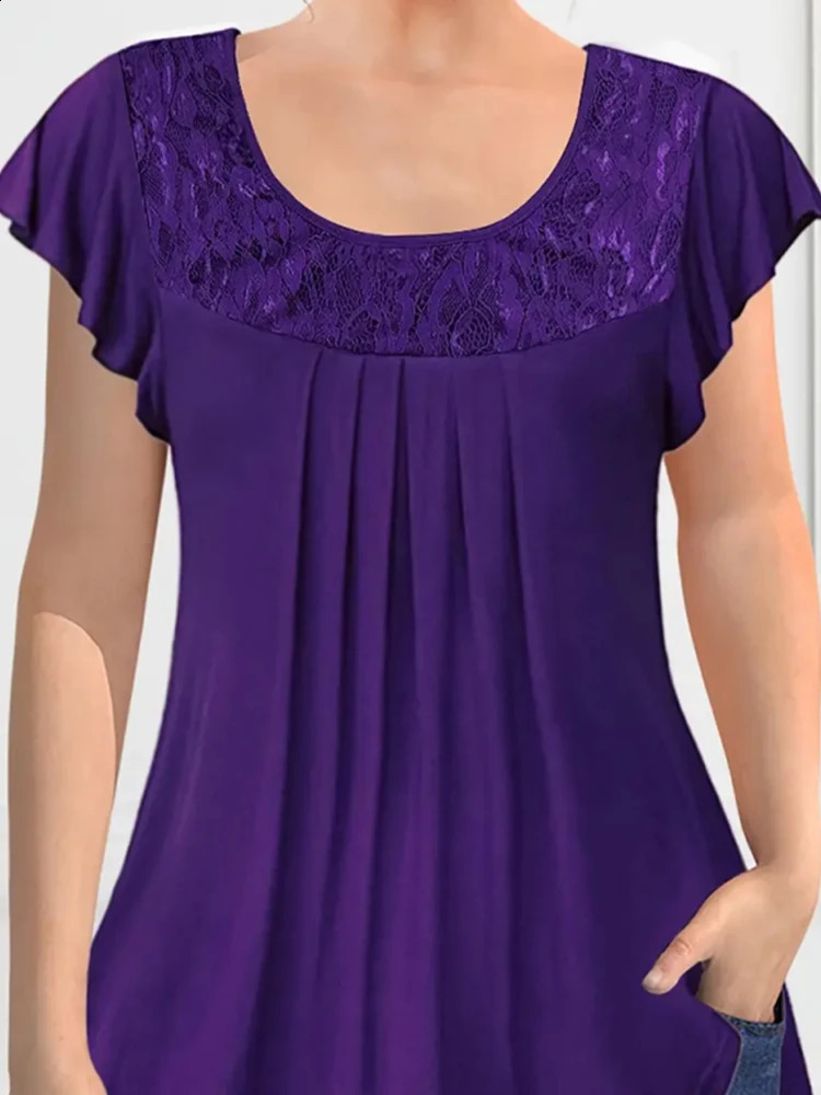 Elegant womens plus size Tshirt short sleeved pleated purple petal sleeve ultrathin casual solid retro round neck summer top 250430Z