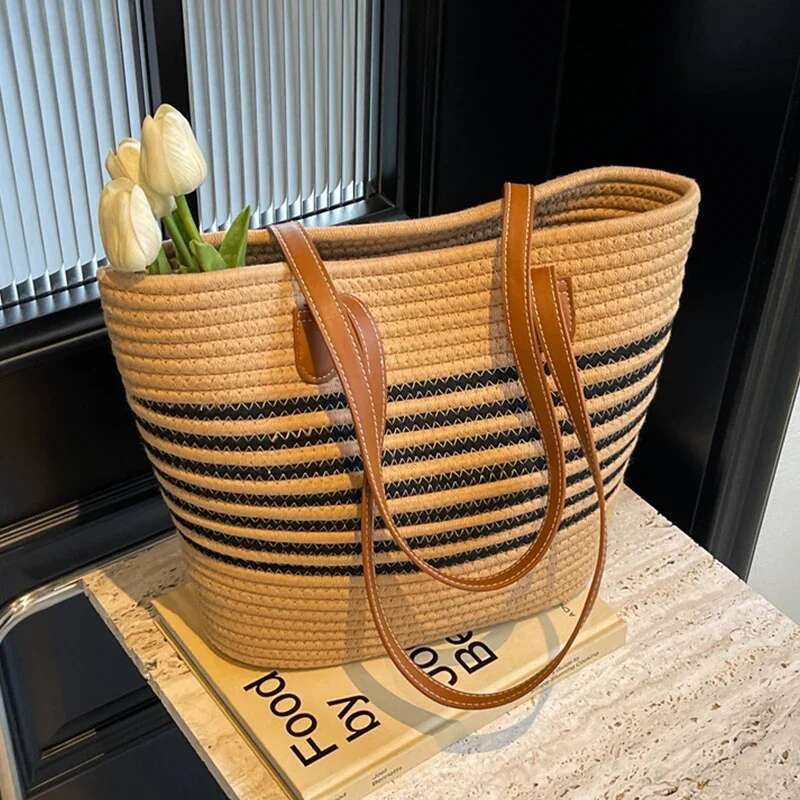 Striped Design Straw Tote Large Capacity Beach Boho Style Handbag Fulfilment Shopping Bag
